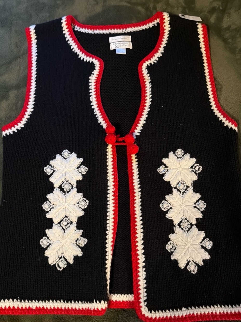 Christopher & Banks Black Knit Vest with Red and White Trim